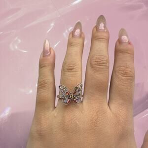 Y2k 925 sterling silver butterfly ring with multicolour gemstones Size 6